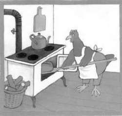 Kip stopt brood in de oven